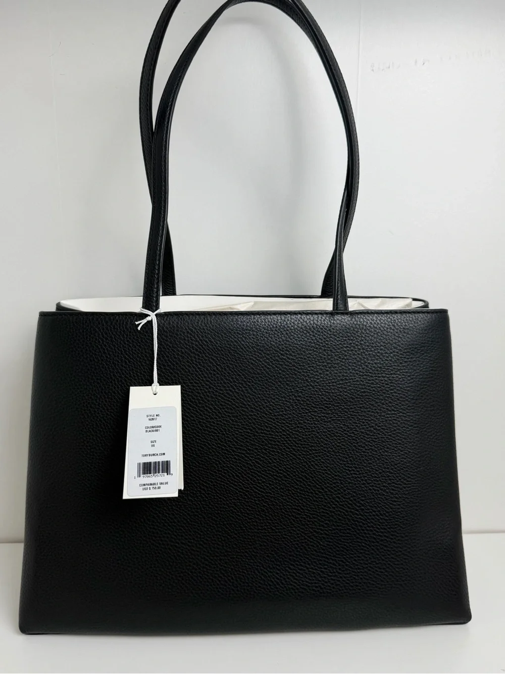 Tory Burch Britten Black Leather Top-Handle Tote with White Trim